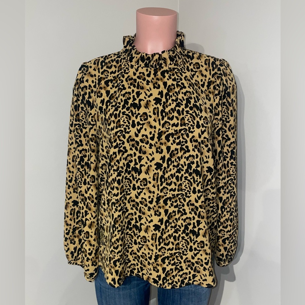 J. Crew Ruffle Neck Leopard Print Long Sleeve Style AJ555. Size Medium